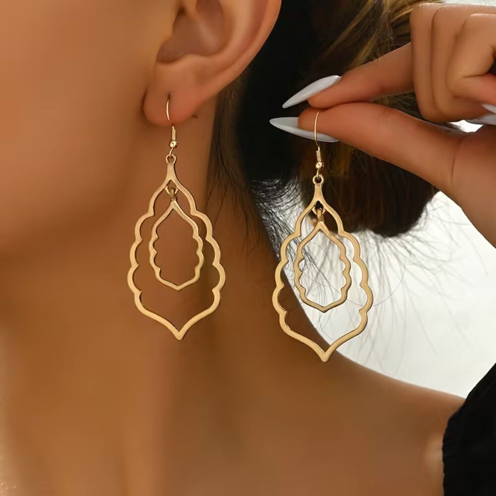 Gold Open Double Abstract Dangle Pendant Earrings Large Drop Lightweight Charm